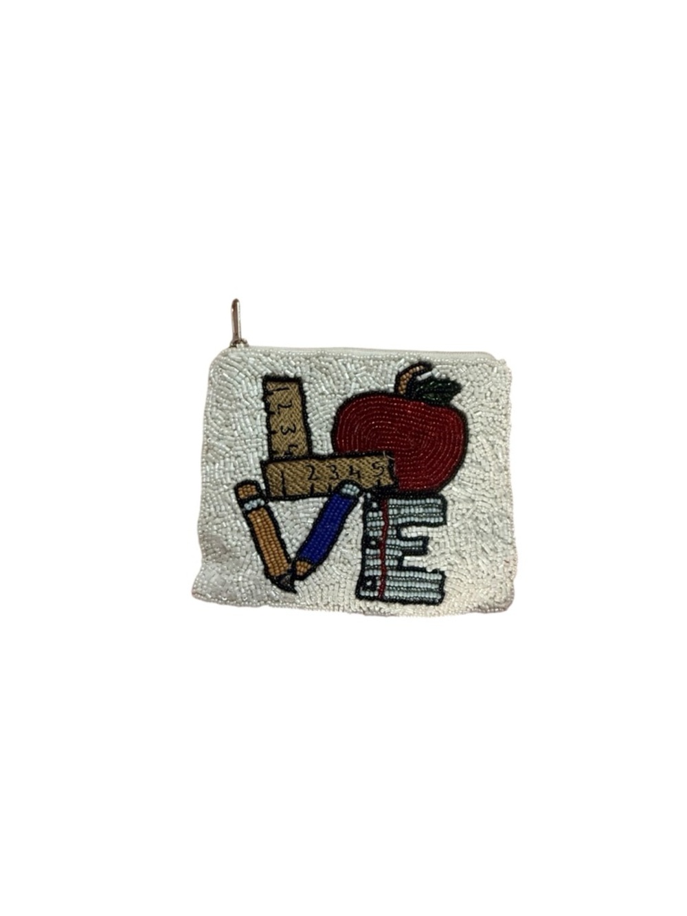 Beaded School Motif Coin Purse - White with Red Apple - Picture 2 of 4